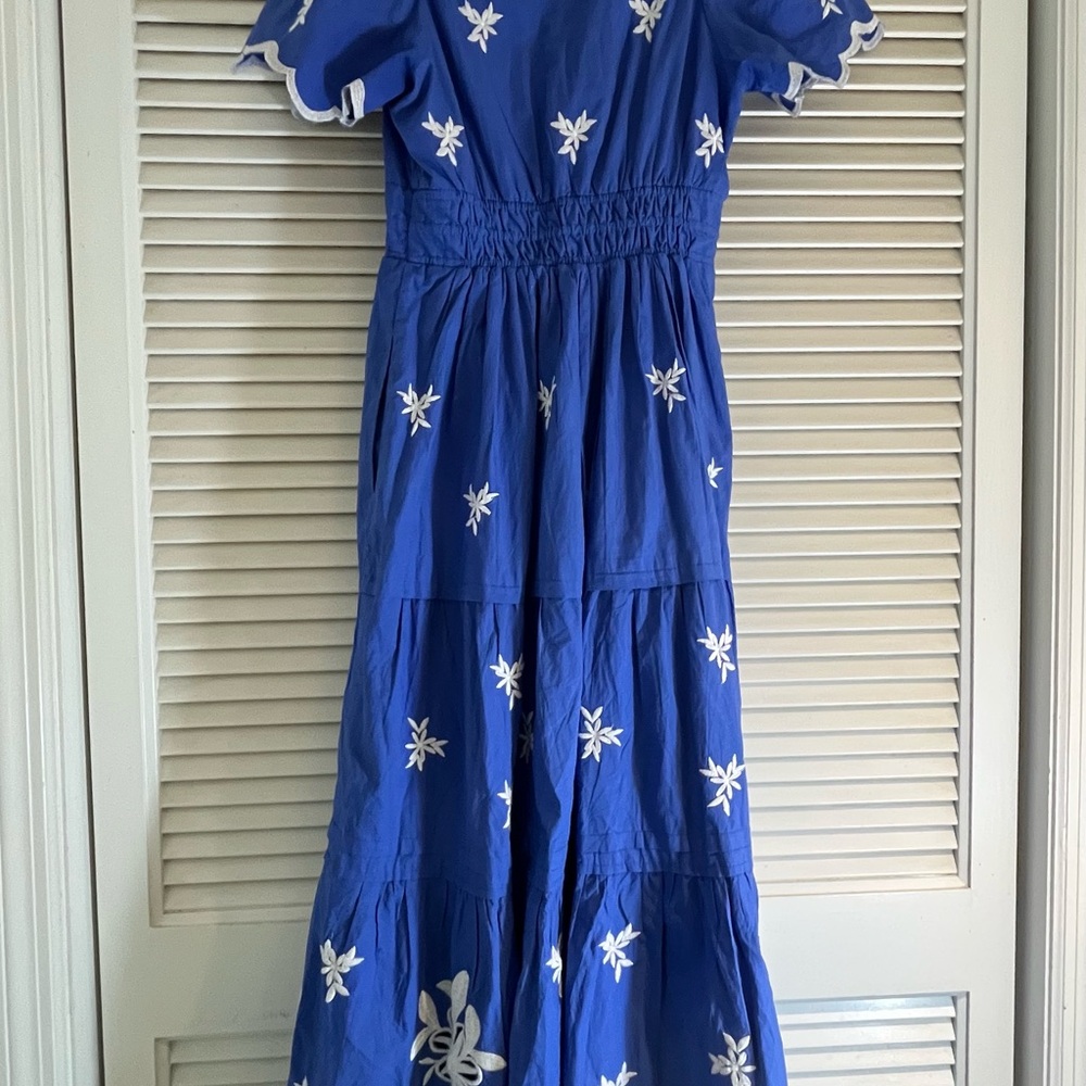 Anthropologie Royal Blue Tiered Dress with White Floral Embroidery.